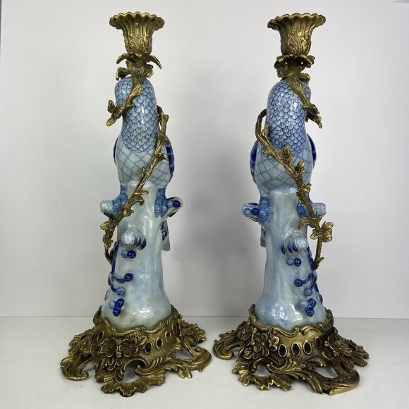 Pair of Vtg Porcelain & Brass ? Ormolu 14” Candlestick Holders Blue Bird Parrot - Picture 12 of 15
